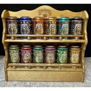 Vintage Watkins Spice Jar Rack Set 12 Tins Wood Wall Mount Made USA Kitchen